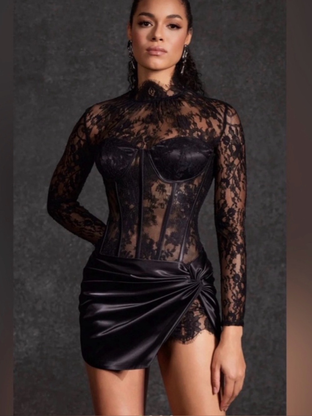 NWT Mew Mews Lace Statement Dress Satin Draping Size Small Black Corset Vegas